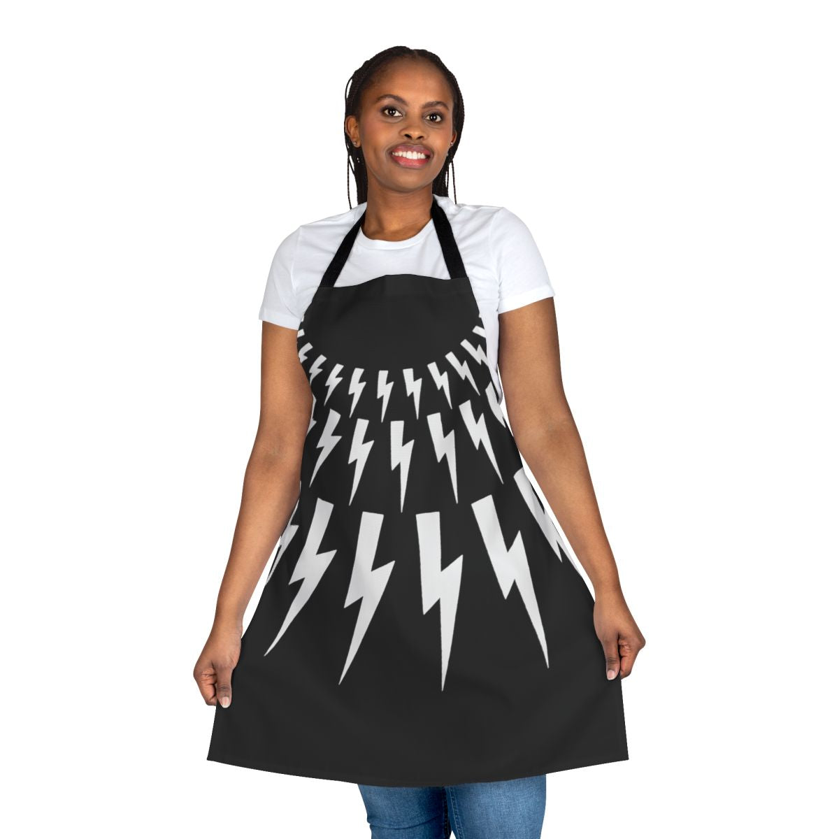 Sleek black and white lightning bolt graphic design printed on a high-quality kitchen apron