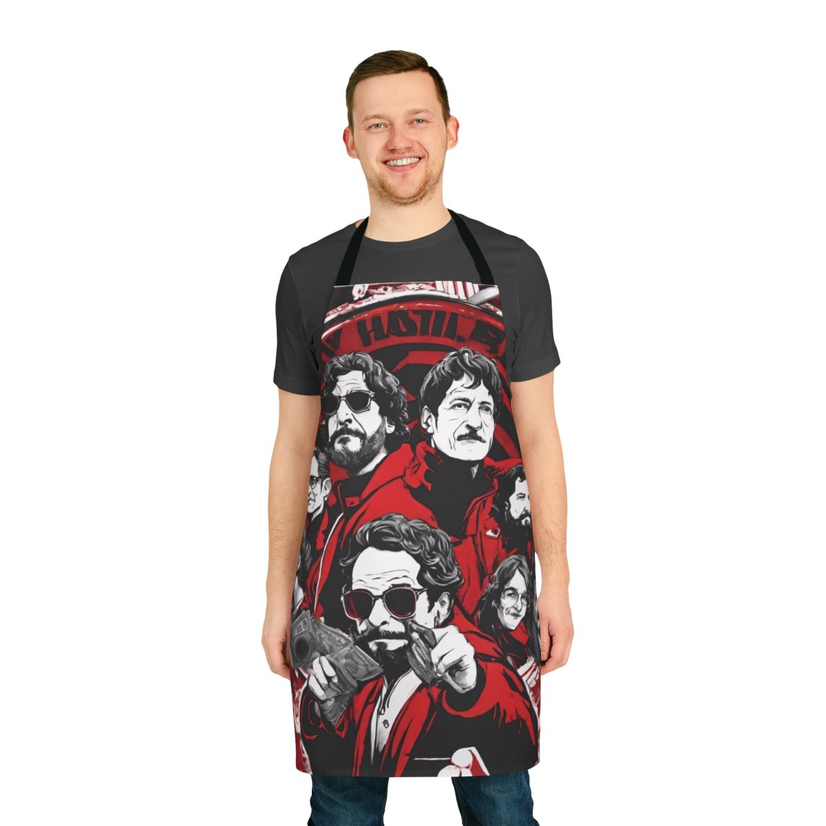 Bold and stylish money heist inspired apron featuring the main characters