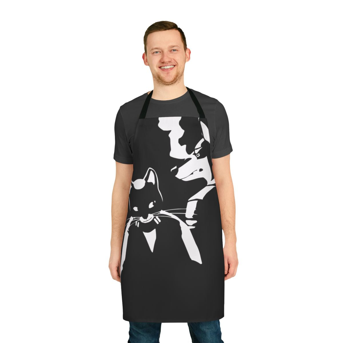 Striking black and white apron with lone digger and robot design