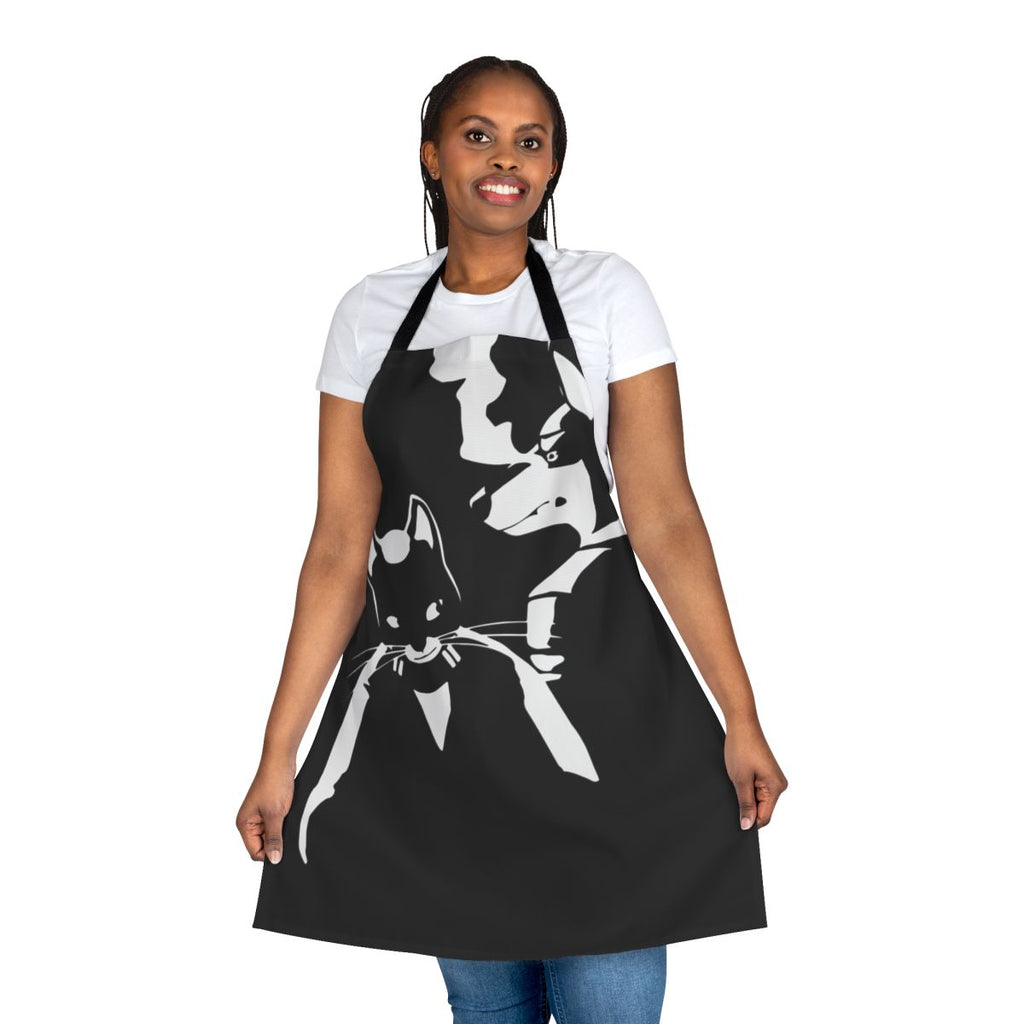 Striking black and white apron with lone digger and robot design