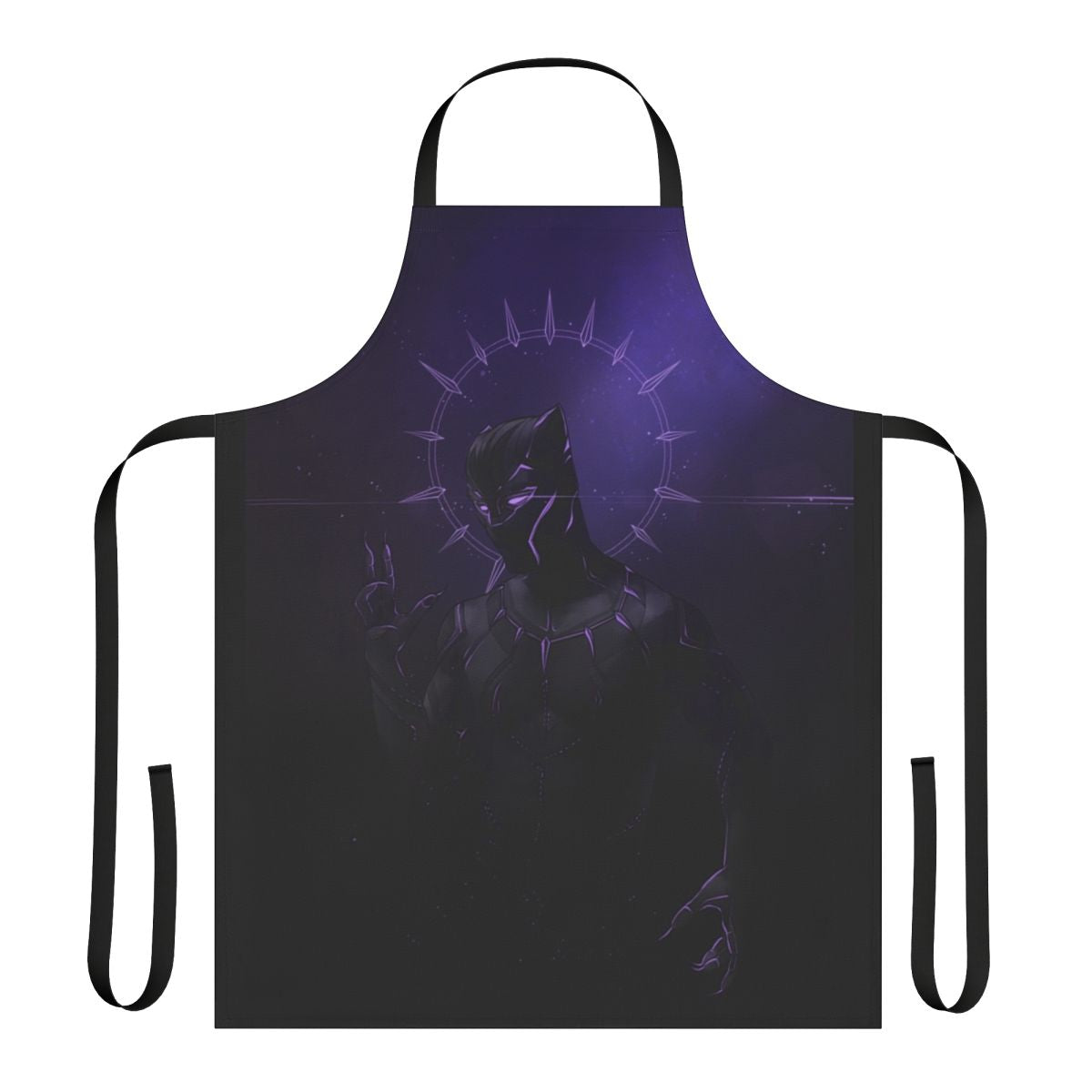 Panther print apron with bold black and purple design