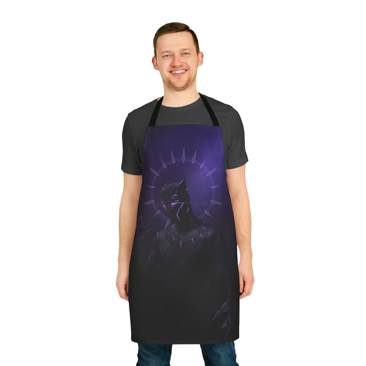 Panther print apron with bold black and purple design