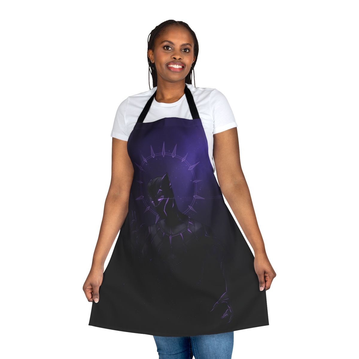 Panther print apron with bold black and purple design