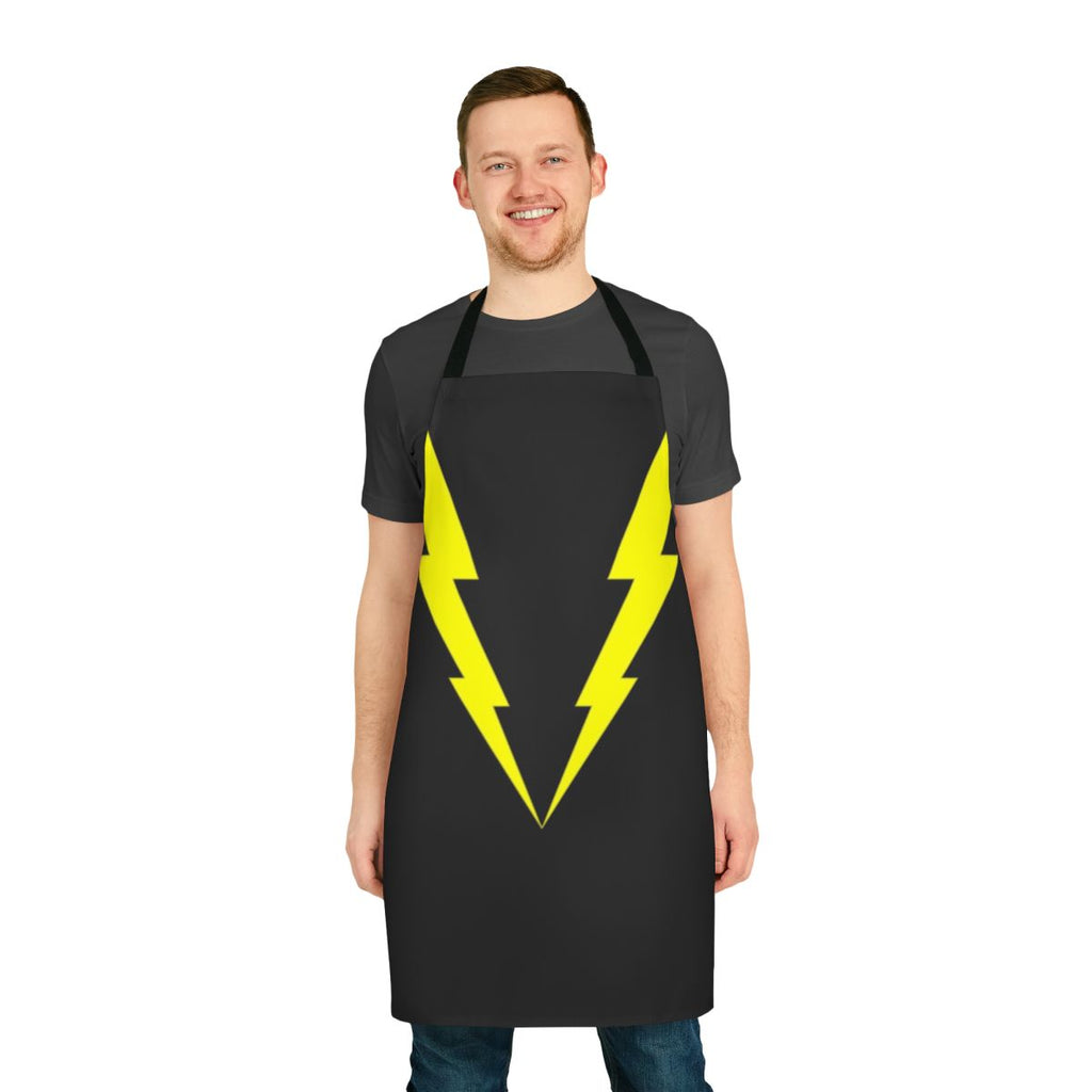 Model wearing a lightning-themed apron with bold, electric design