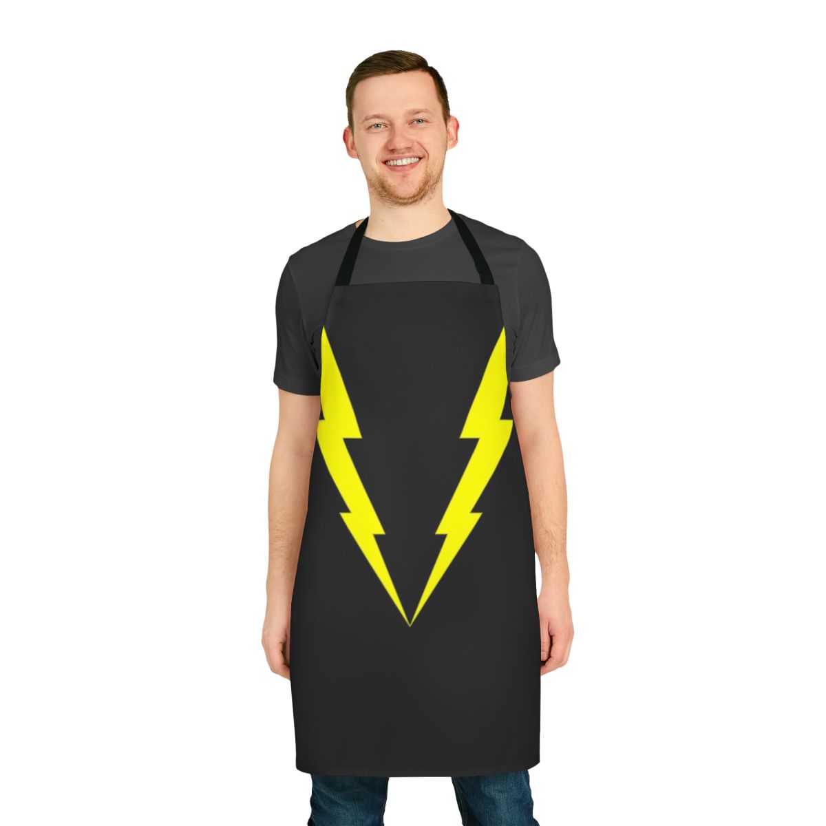 Model wearing a lightning-themed apron with bold, electric design