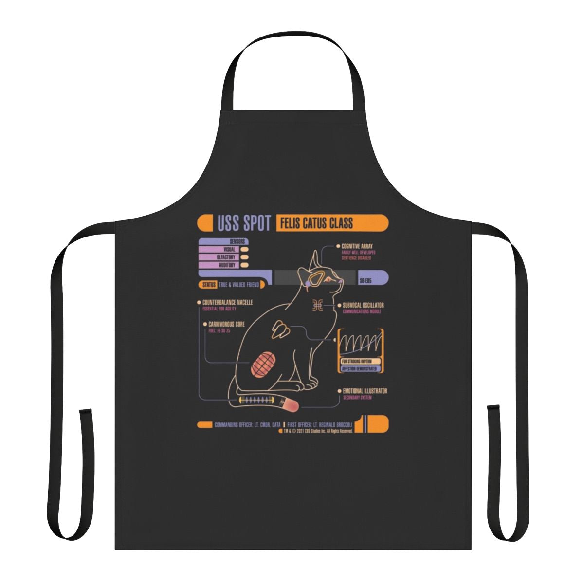 Star Trek-themed cat apron with the USS Enterprise and Spot the cat