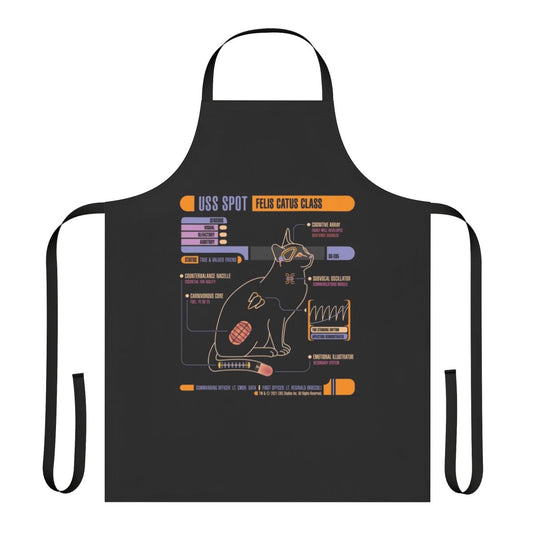 Star Trek-themed cat apron with the USS Enterprise and Spot the cat