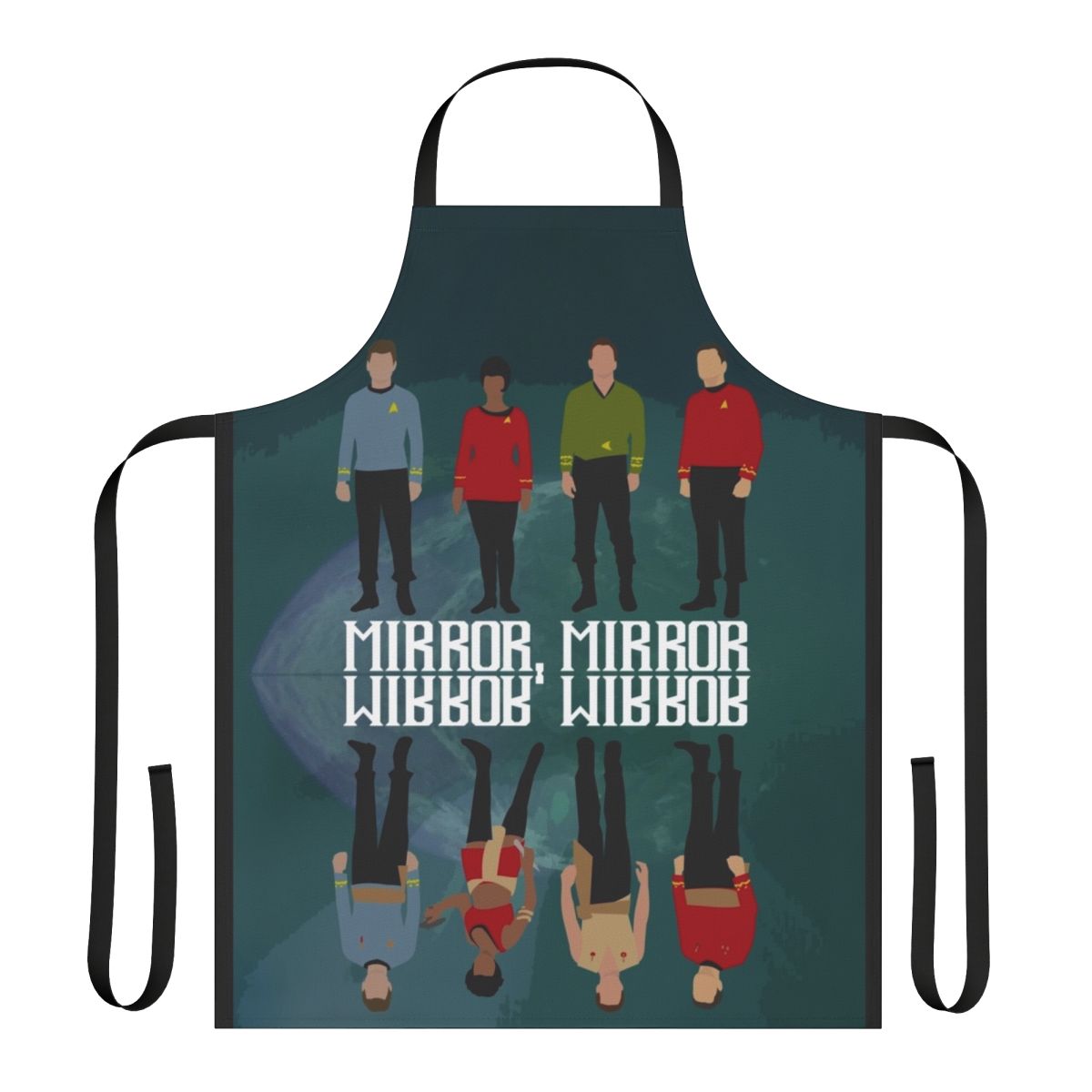 A black and white apron with the text "Mirror Mirror" and imagery inspired by the Star Trek Mirror Universe.
