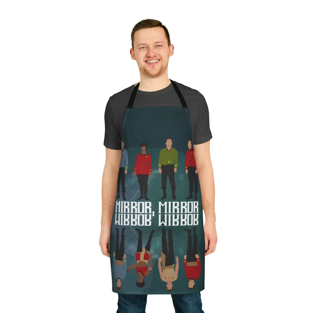 A black and white apron with the text "Mirror Mirror" and imagery inspired by the Star Trek Mirror Universe.