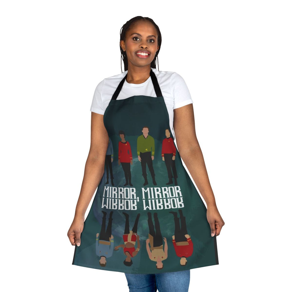 A black and white apron with the text "Mirror Mirror" and imagery inspired by the Star Trek Mirror Universe.