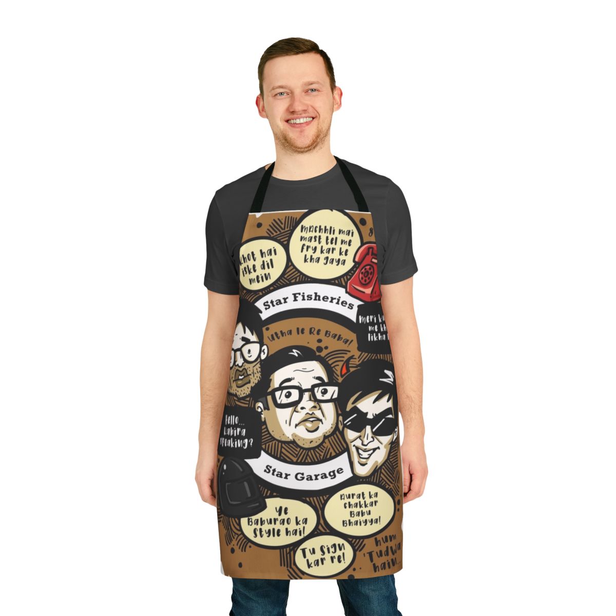 "Bollywood Inspired Herapheri Mashup Apron - Retro Comedy Kitchen Essential"