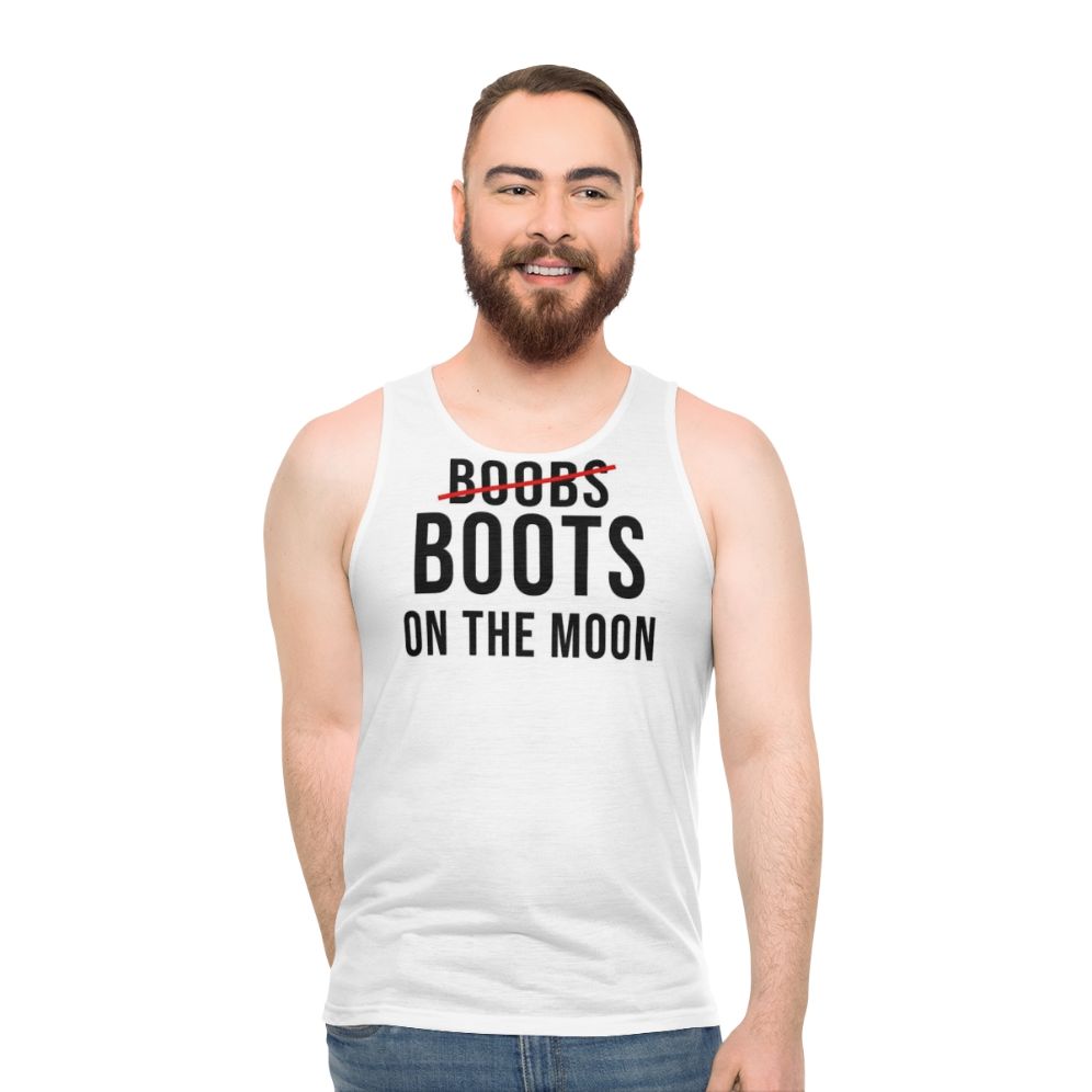 Unisex tank top with "Boobs Boots On The Moon" quote