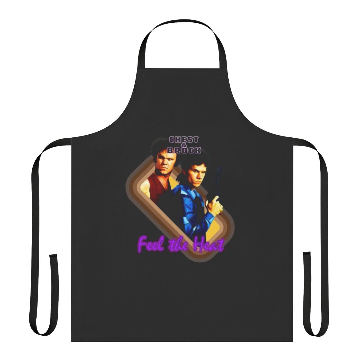 Boogie Nights-inspired parody apron featuring Brock Landers and Chest Rockwell