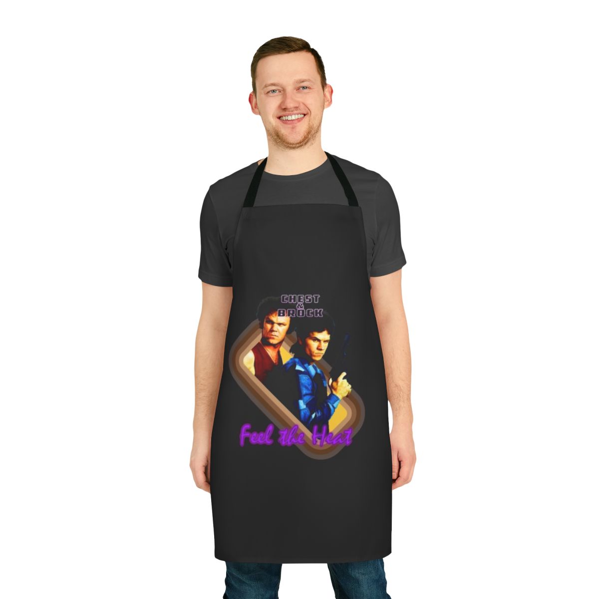 Boogie Nights-inspired parody apron featuring Brock Landers and Chest Rockwell