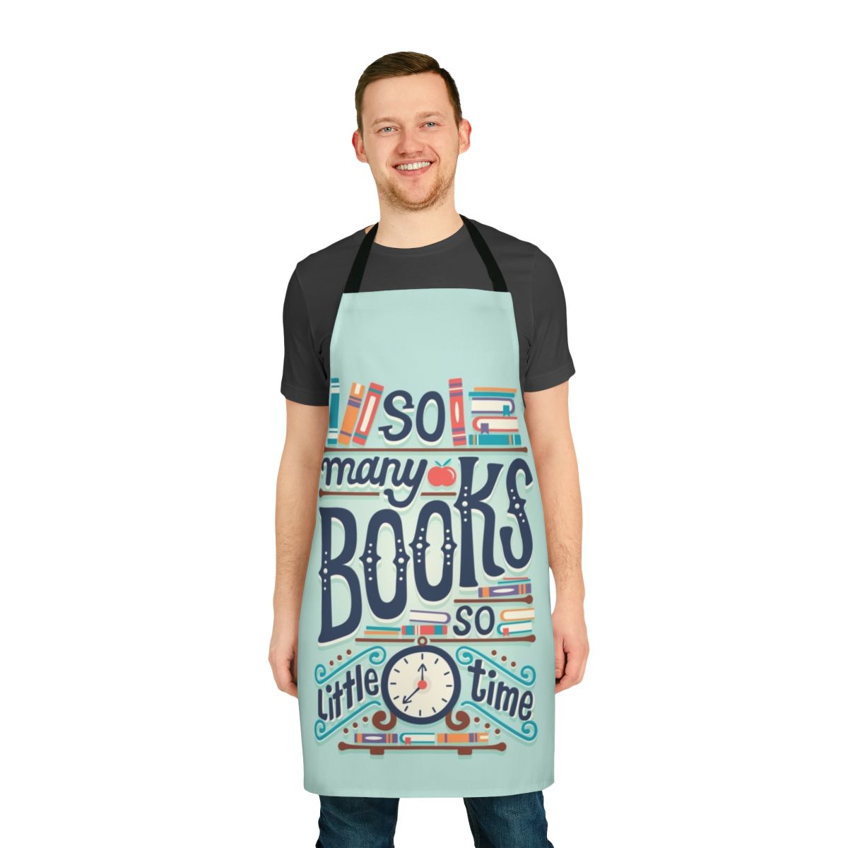 Apron with hand-lettered "So Many Books So Little Time" design for book lovers