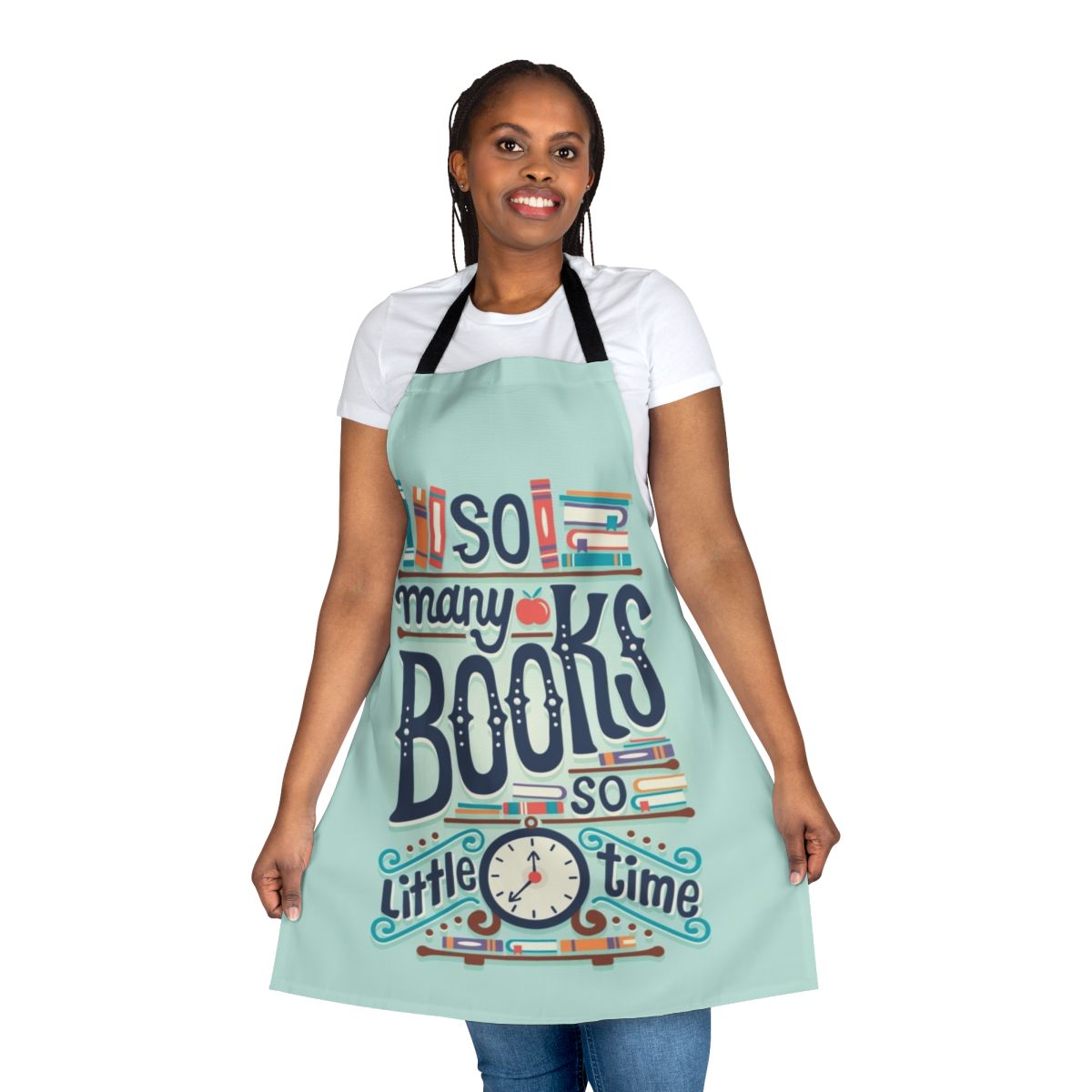 Apron with hand-lettered "So Many Books So Little Time" design for book lovers