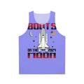 Space-themed unisex tank top with funny "Boots On The Moon 2024" quote