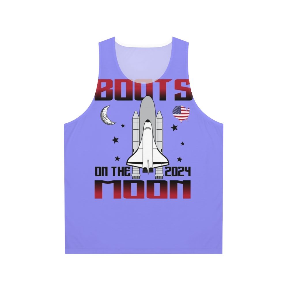 Space-themed unisex tank top with funny "Boots On The Moon 2024" quote