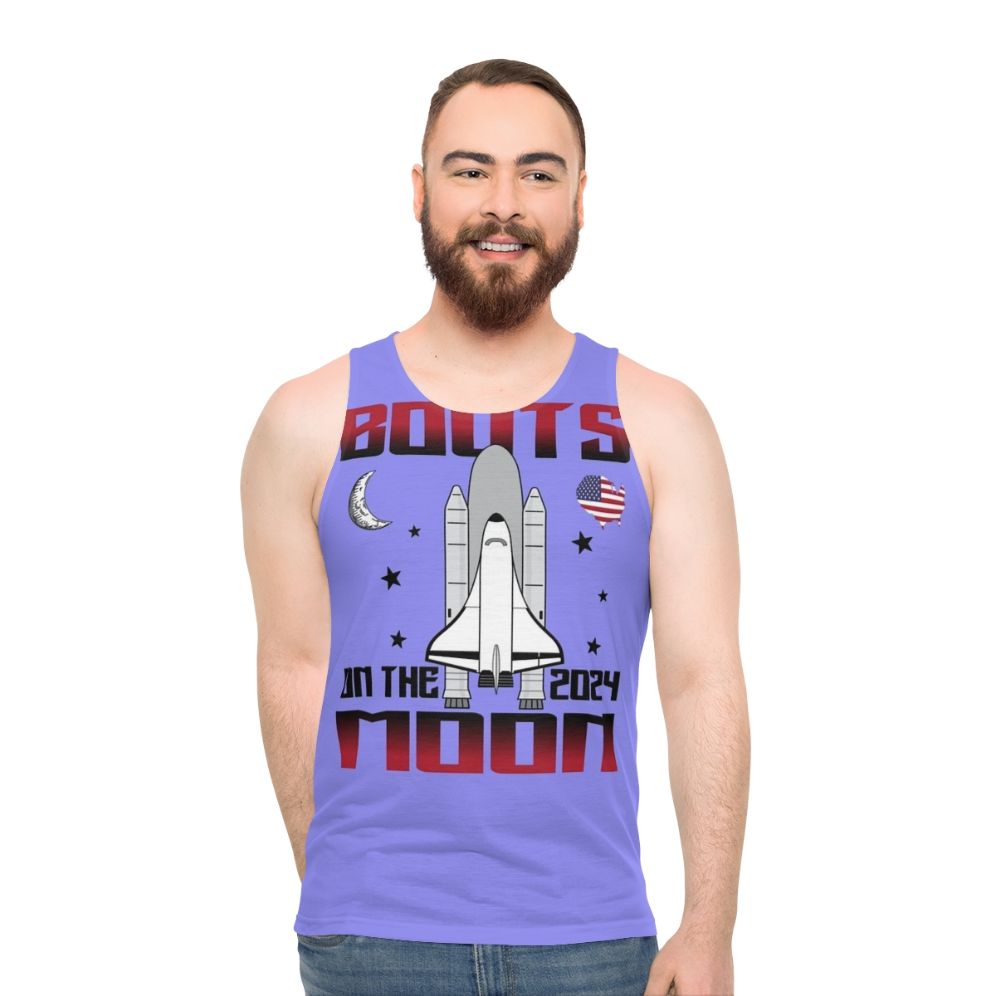 Space-themed unisex tank top with funny "Boots On The Moon 2024" quote