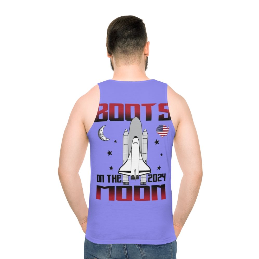 Space-themed unisex tank top with funny "Boots On The Moon 2024" quote