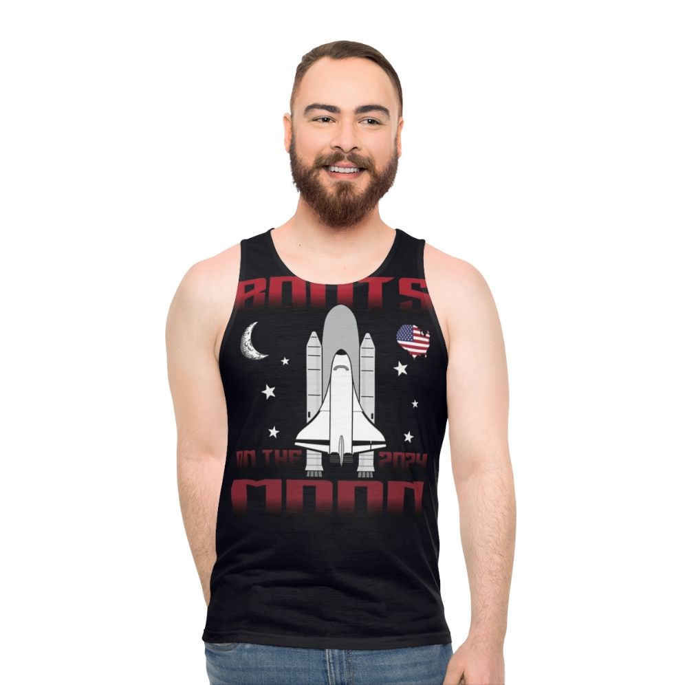 Boots On The Moon Unisex Tank Top featuring space-themed graphics