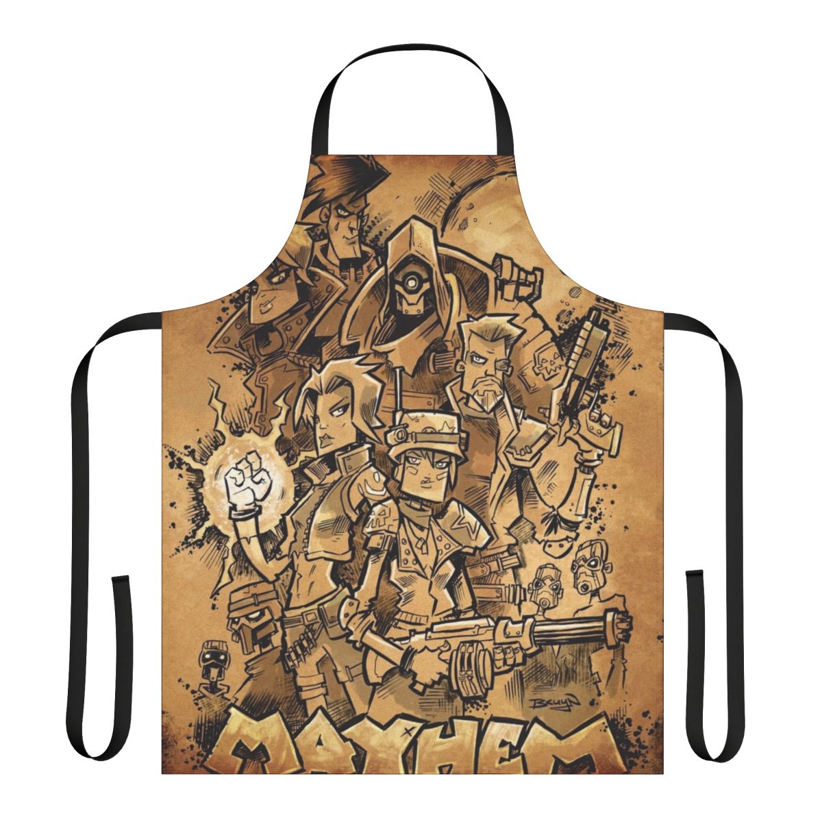 Borderlands 3 fan art apron featuring the Mayhem logo and design