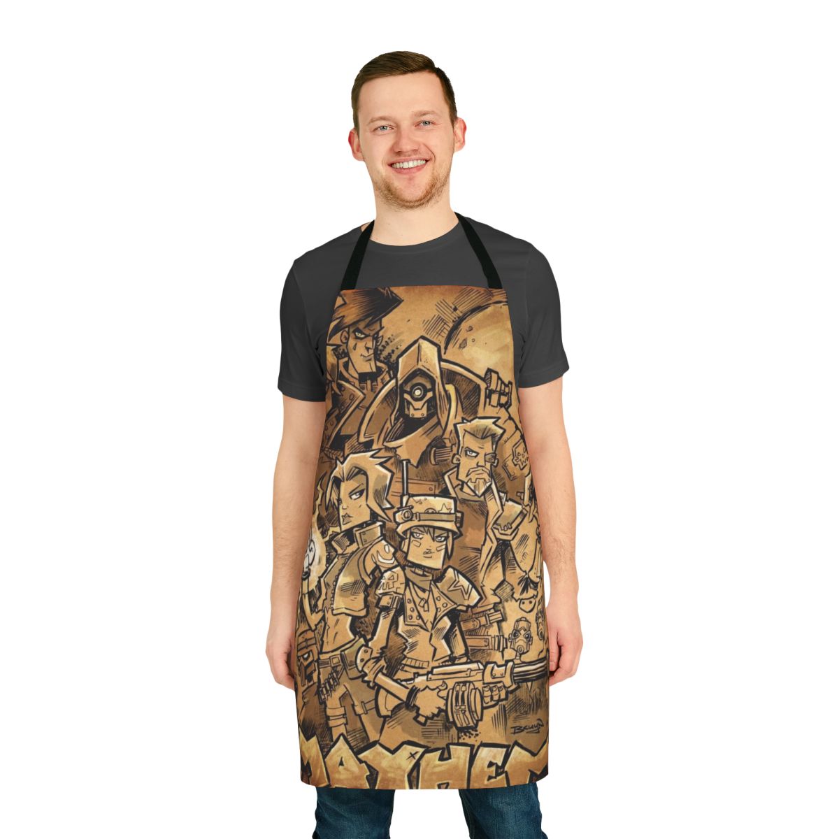 Borderlands 3 fan art apron featuring the Mayhem logo and design