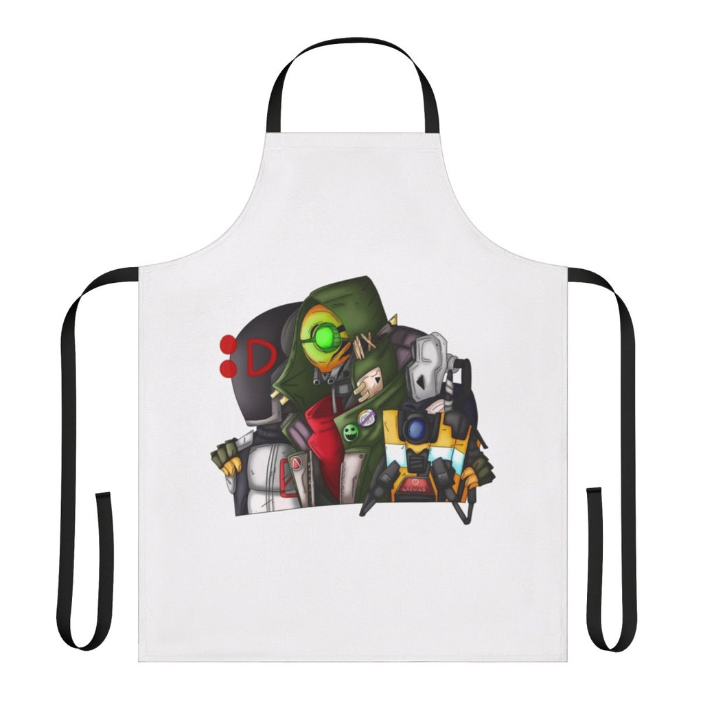 Borderlands fan art apron featuring the characters Zer0, Fl4k, and Claptrap