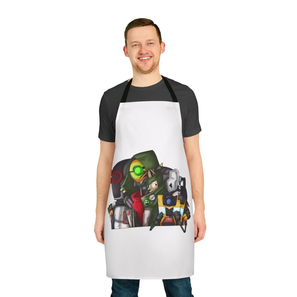 Borderlands fan art apron featuring the characters Zer0, Fl4k, and Claptrap