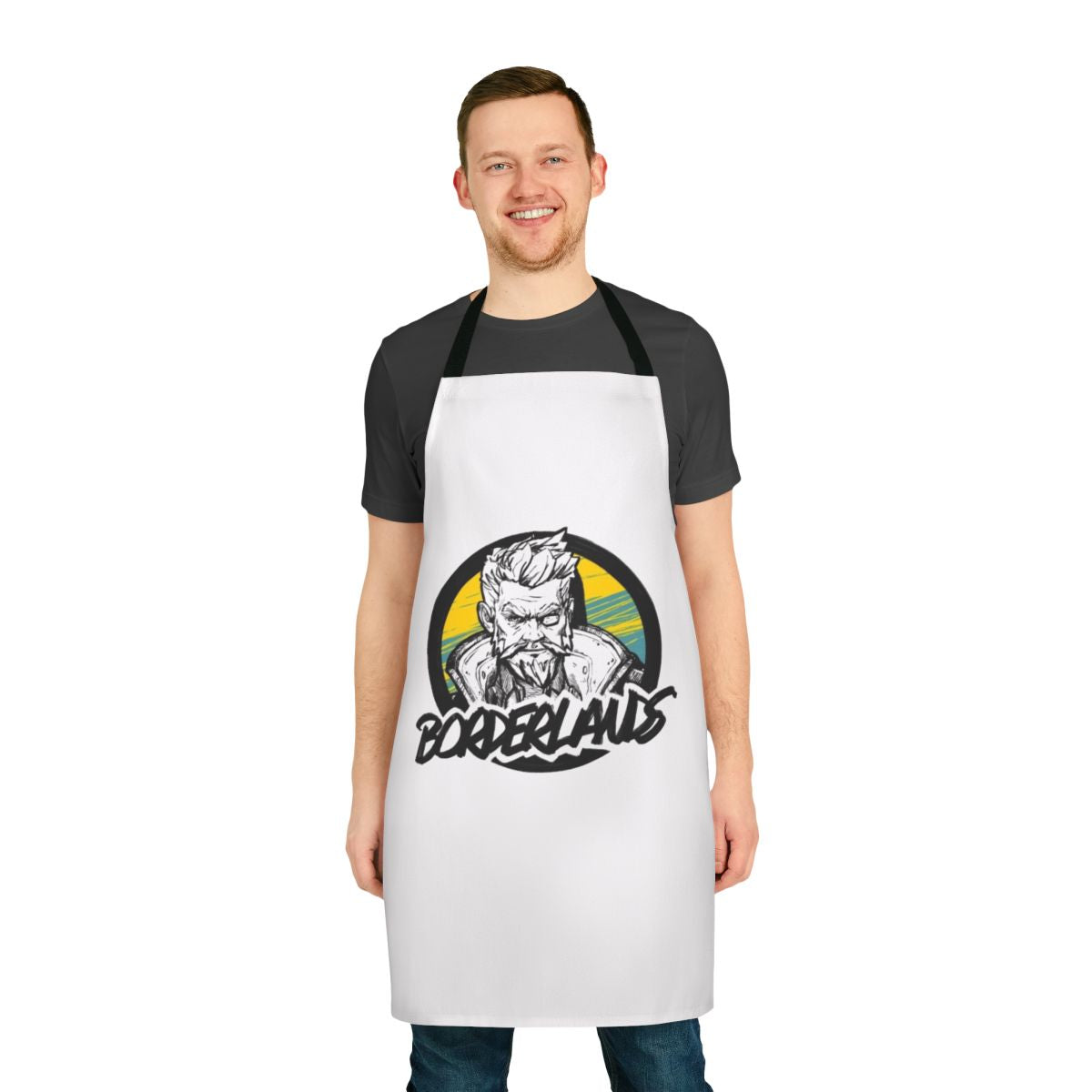 Borderlands themed apron featuring the Borderlands logo and character designs