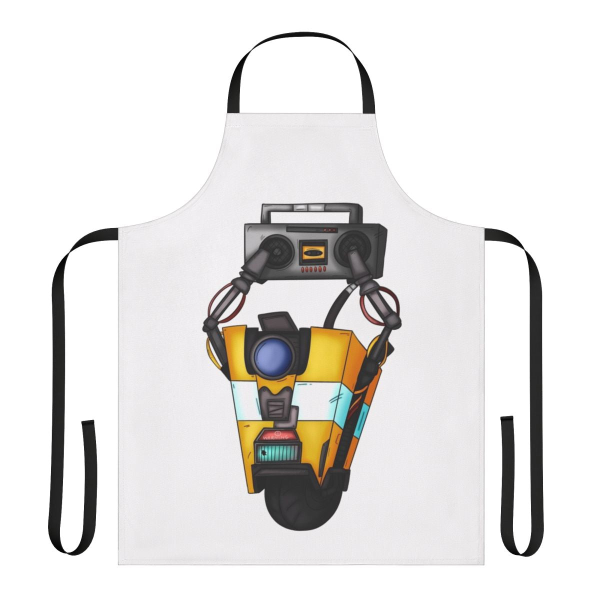Borderlands-inspired boombox Claptrap apron with bold colors and robotics design