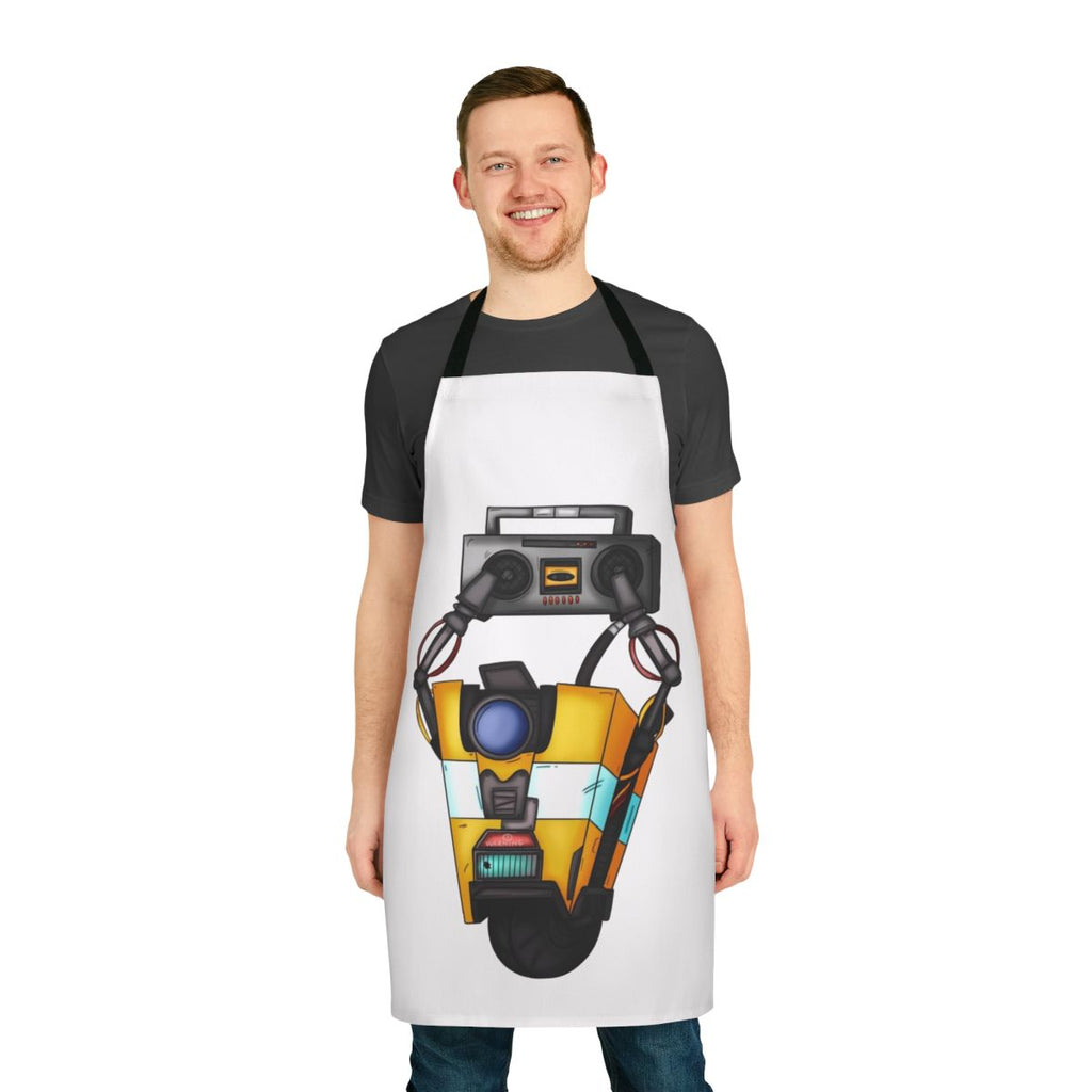 Borderlands-inspired boombox Claptrap apron with bold colors and robotics design
