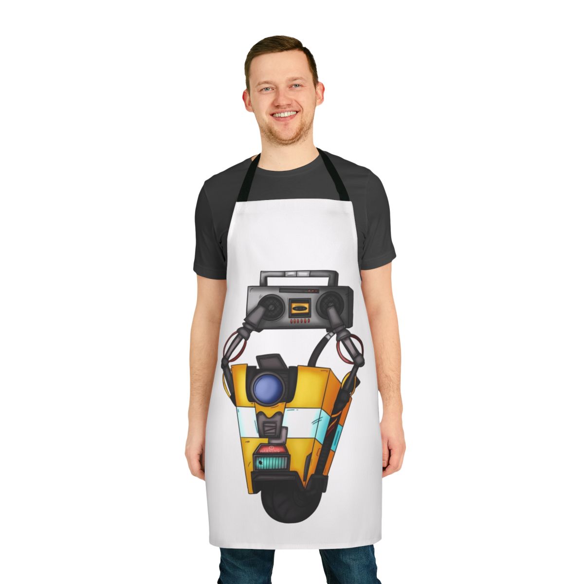 Borderlands-inspired boombox Claptrap apron with bold colors and robotics design