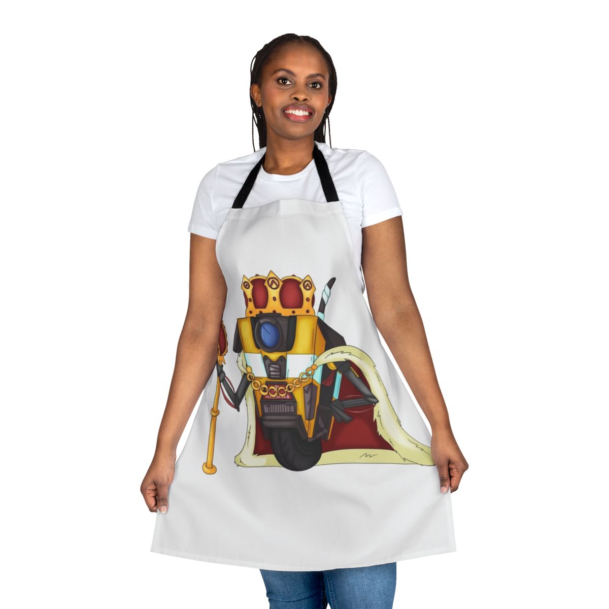 Borderlands-inspired apron featuring the iconic Claptrap robot character