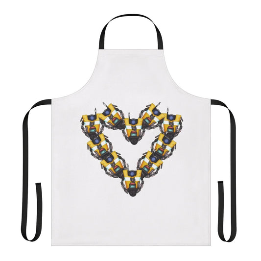 Borderlands-inspired apron featuring the iconic Claptrap robot and a heart design