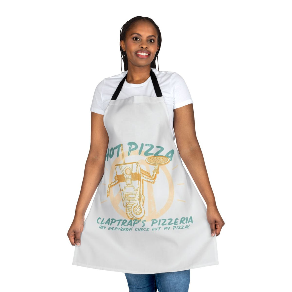 Borderlands themed apron featuring the iconic Claptrap robot from the Borderlands video game series.
