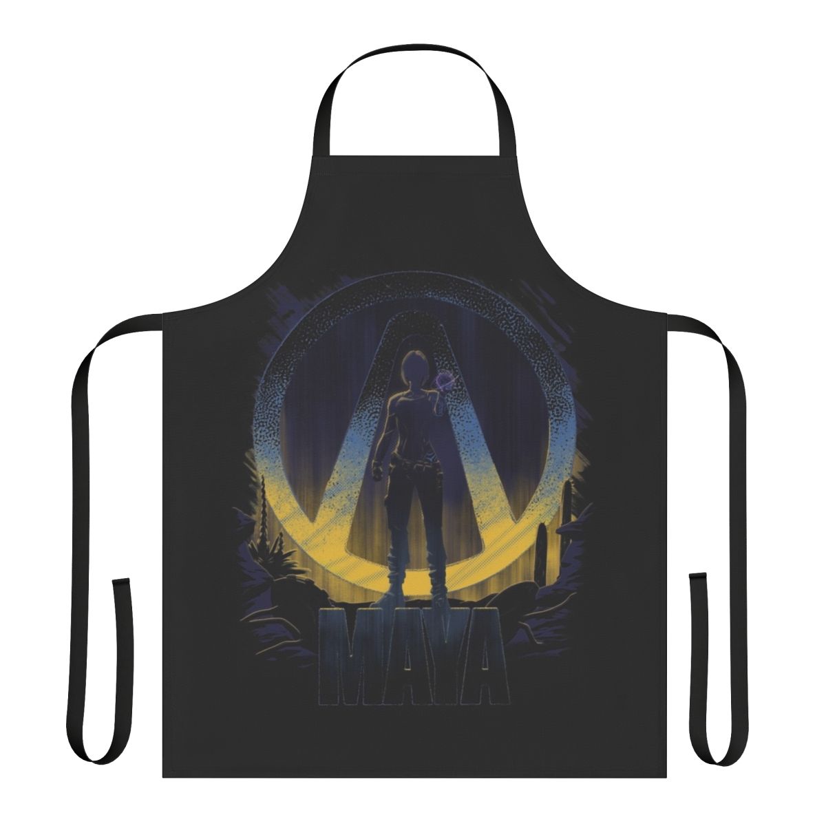 Borderlands-inspired fan art apron featuring the iconic Borderlands game logo and art style