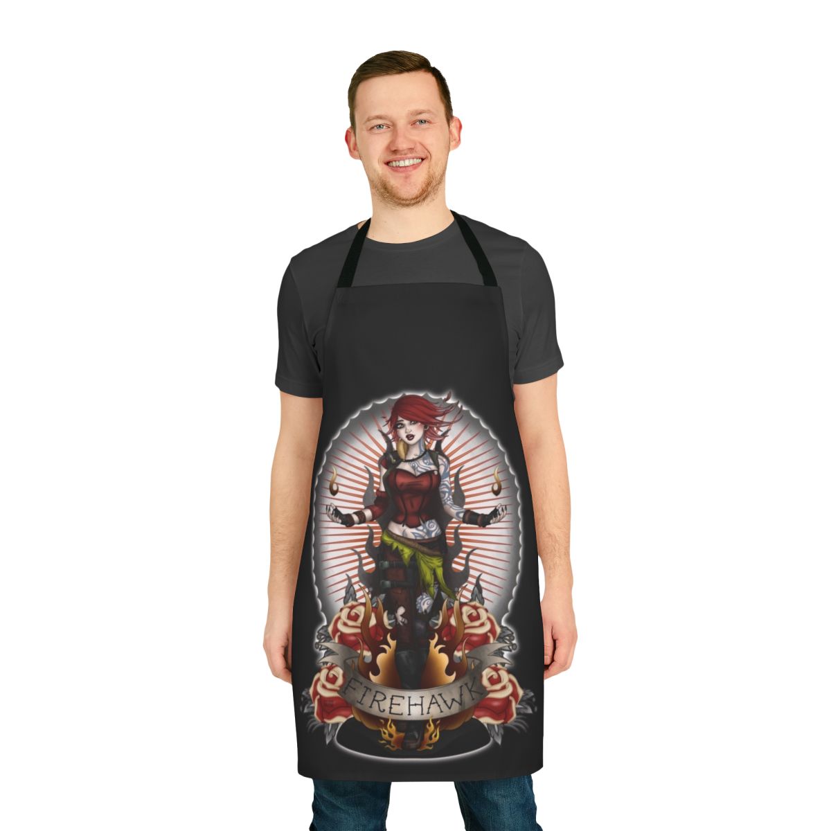 Borderlands-inspired Firehawk apron featuring the iconic character Lilith