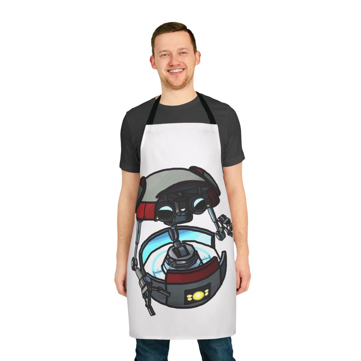 Gortys robot from the Borderlands video game series featured on an embroidered apron