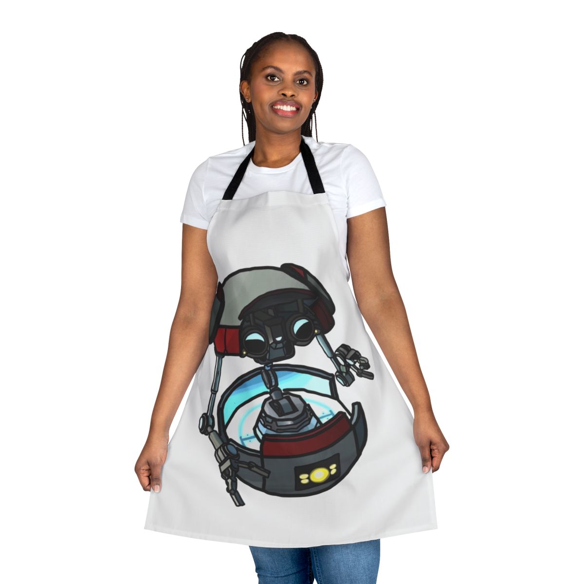 Gortys robot from the Borderlands video game series featured on an embroidered apron