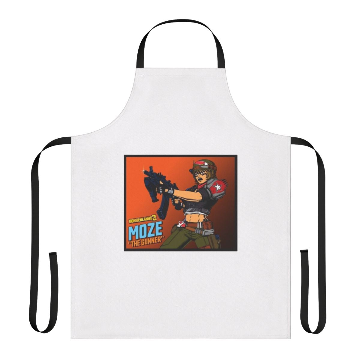Borderlands-themed apron featuring the character Moze the Gunner