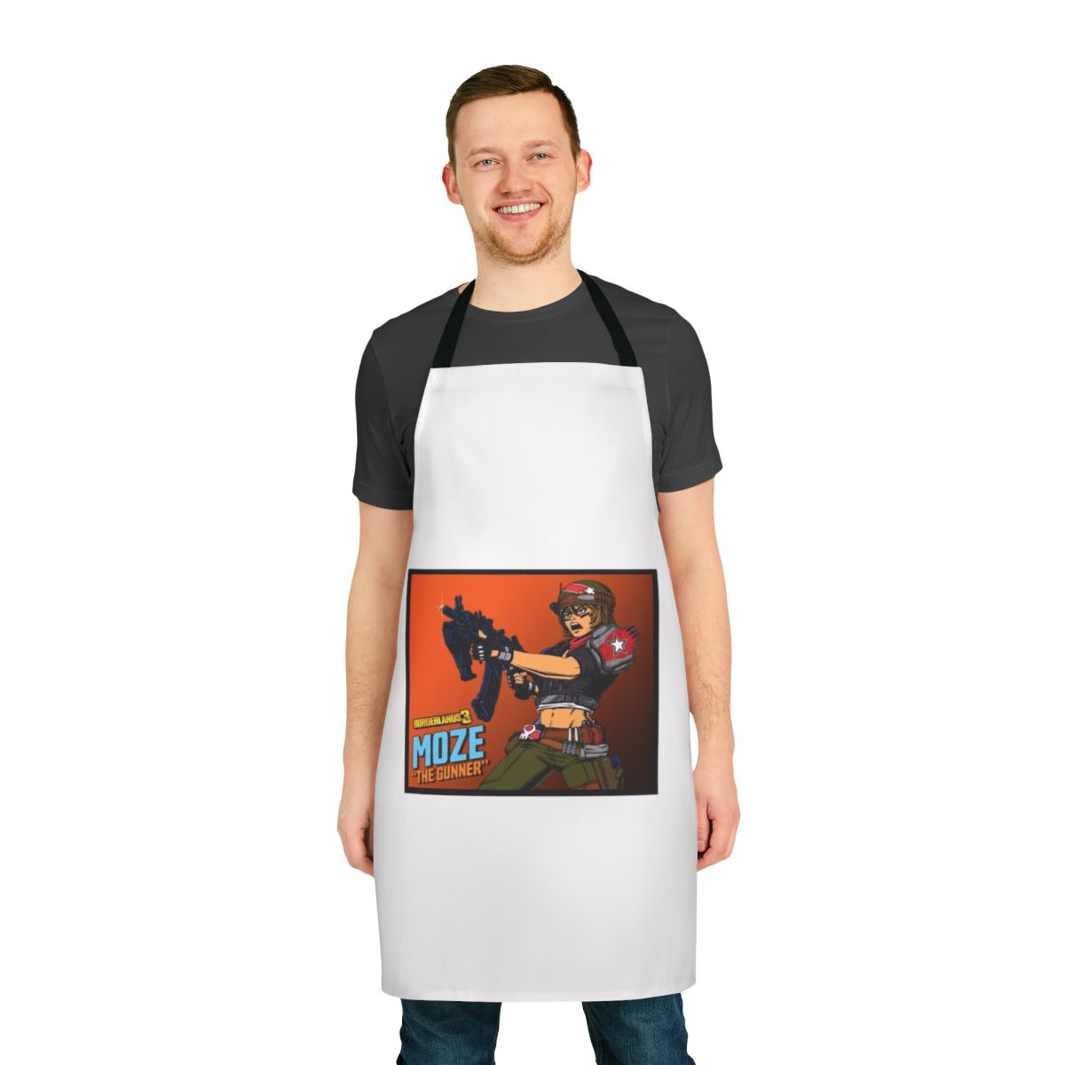 Borderlands-themed apron featuring the character Moze the Gunner