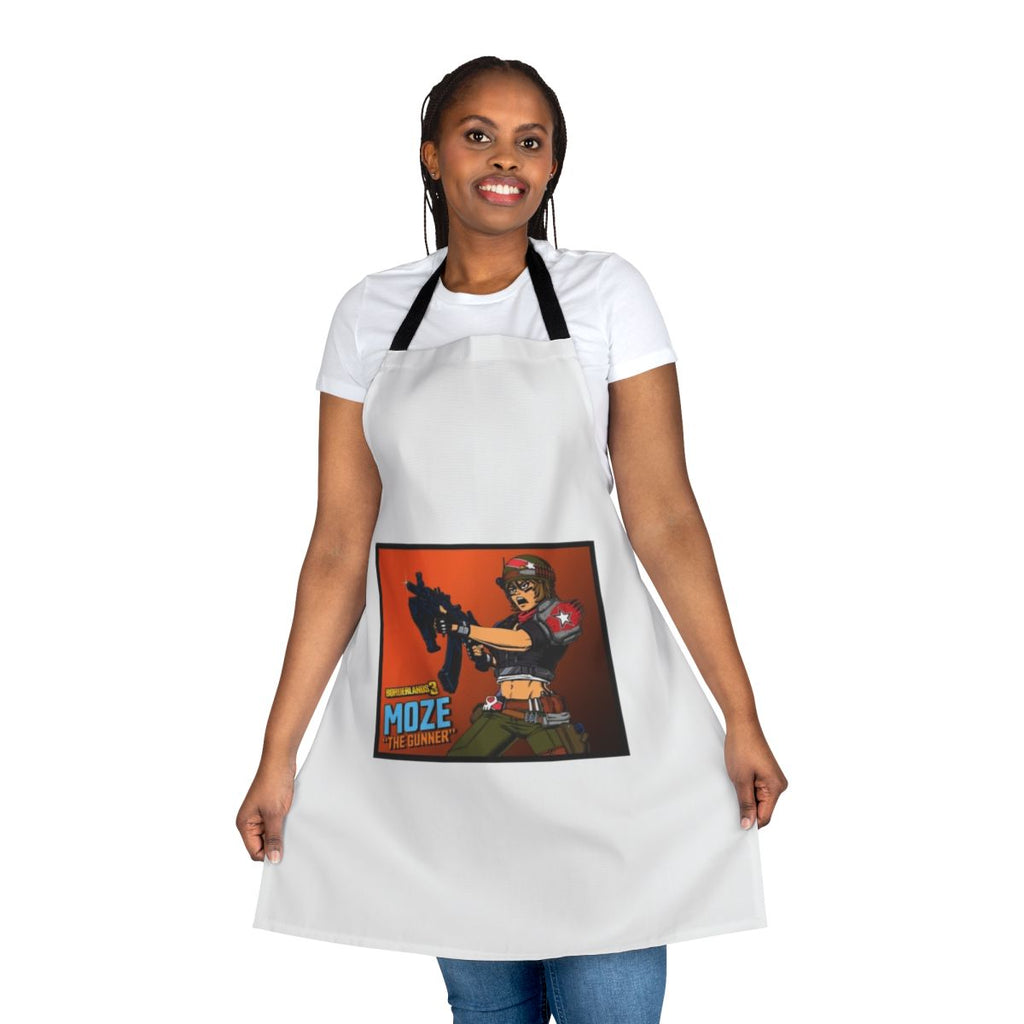 Borderlands-themed apron featuring the character Moze the Gunner