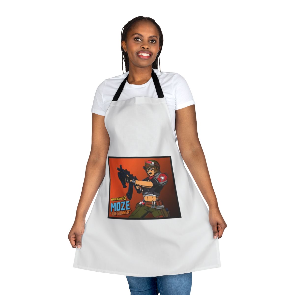 Borderlands-themed apron featuring the character Moze the Gunner