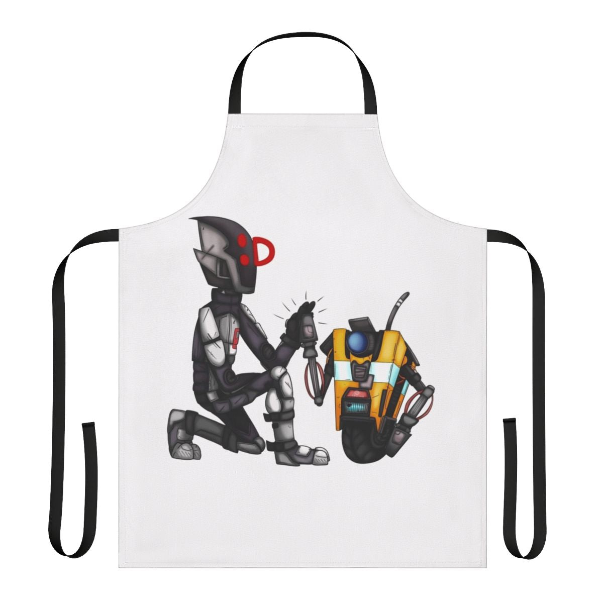 Borderlands-inspired apron featuring characters like Zer0 and Claptrap