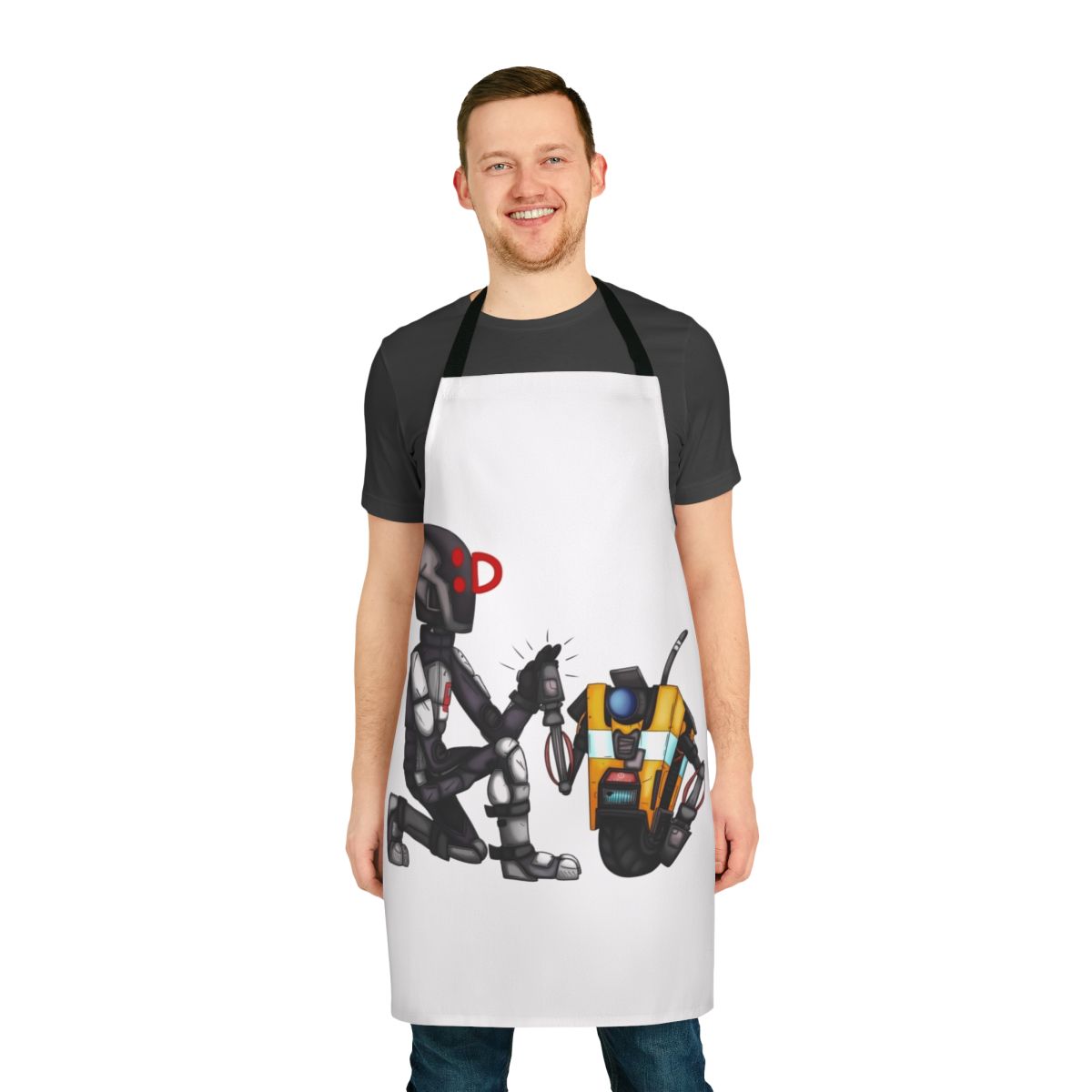Borderlands-inspired apron featuring characters like Zer0 and Claptrap