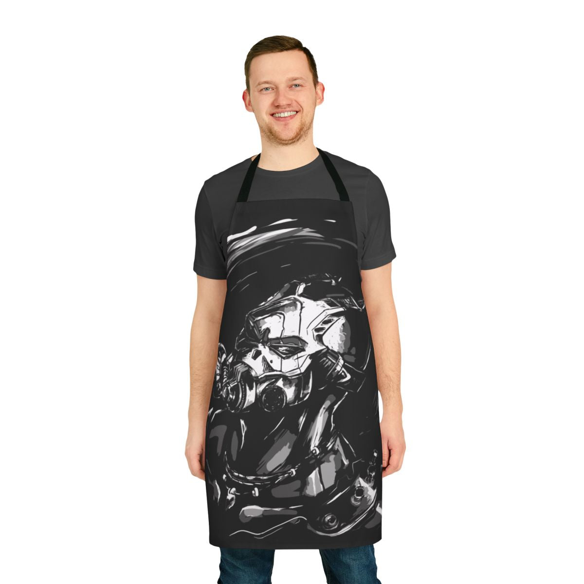 "Monochrome cellshade design apron featuring Borderlands character Krieg"