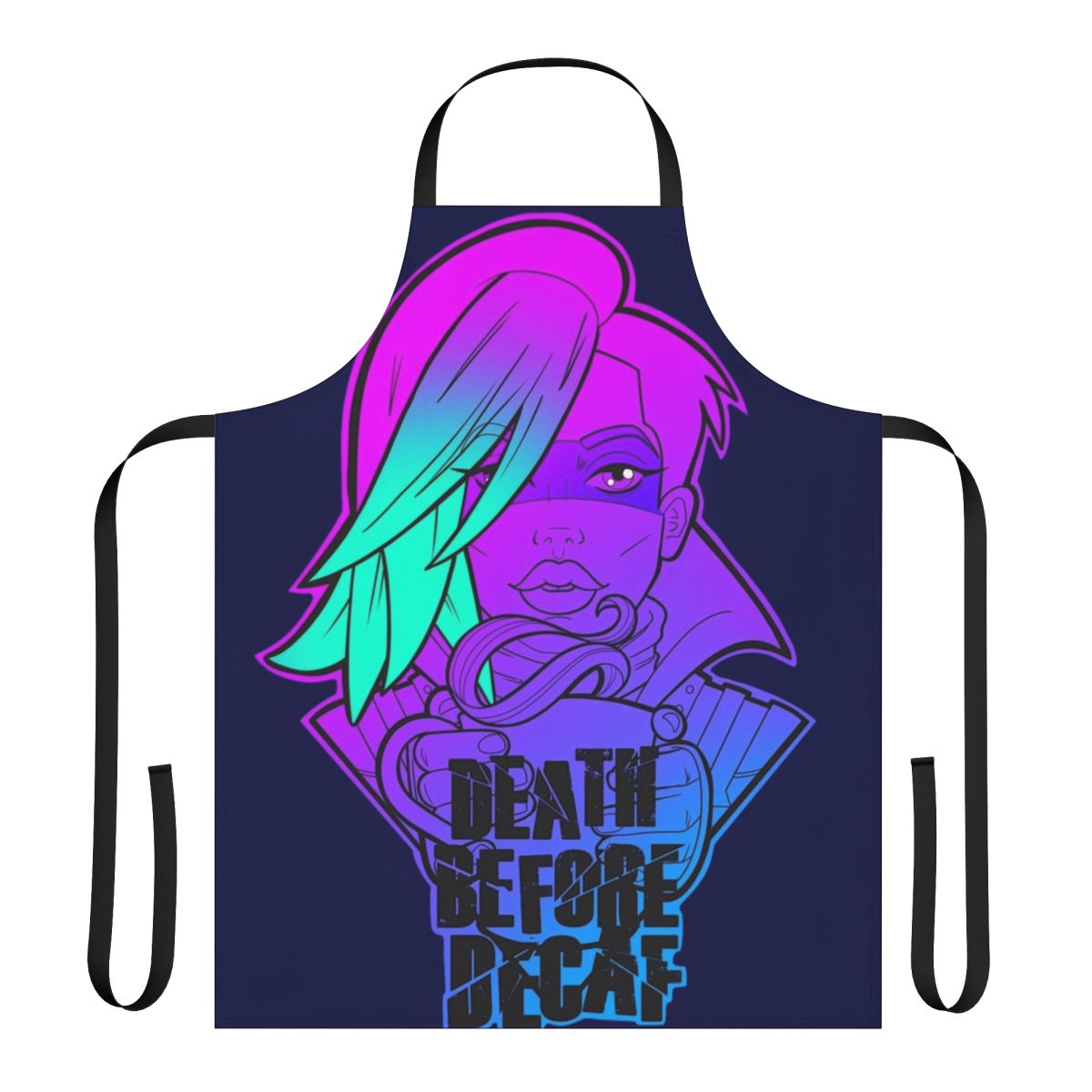 A high-quality apron featuring a Borderlands-themed design with the character Lorelei and coffee-related imagery.