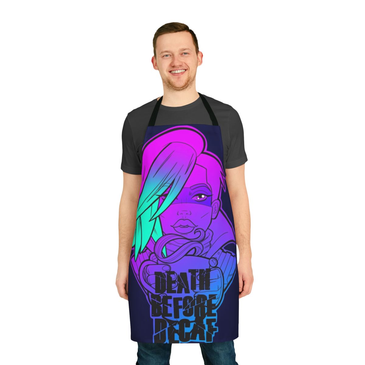A high-quality apron featuring a Borderlands-themed design with the character Lorelei and coffee-related imagery.