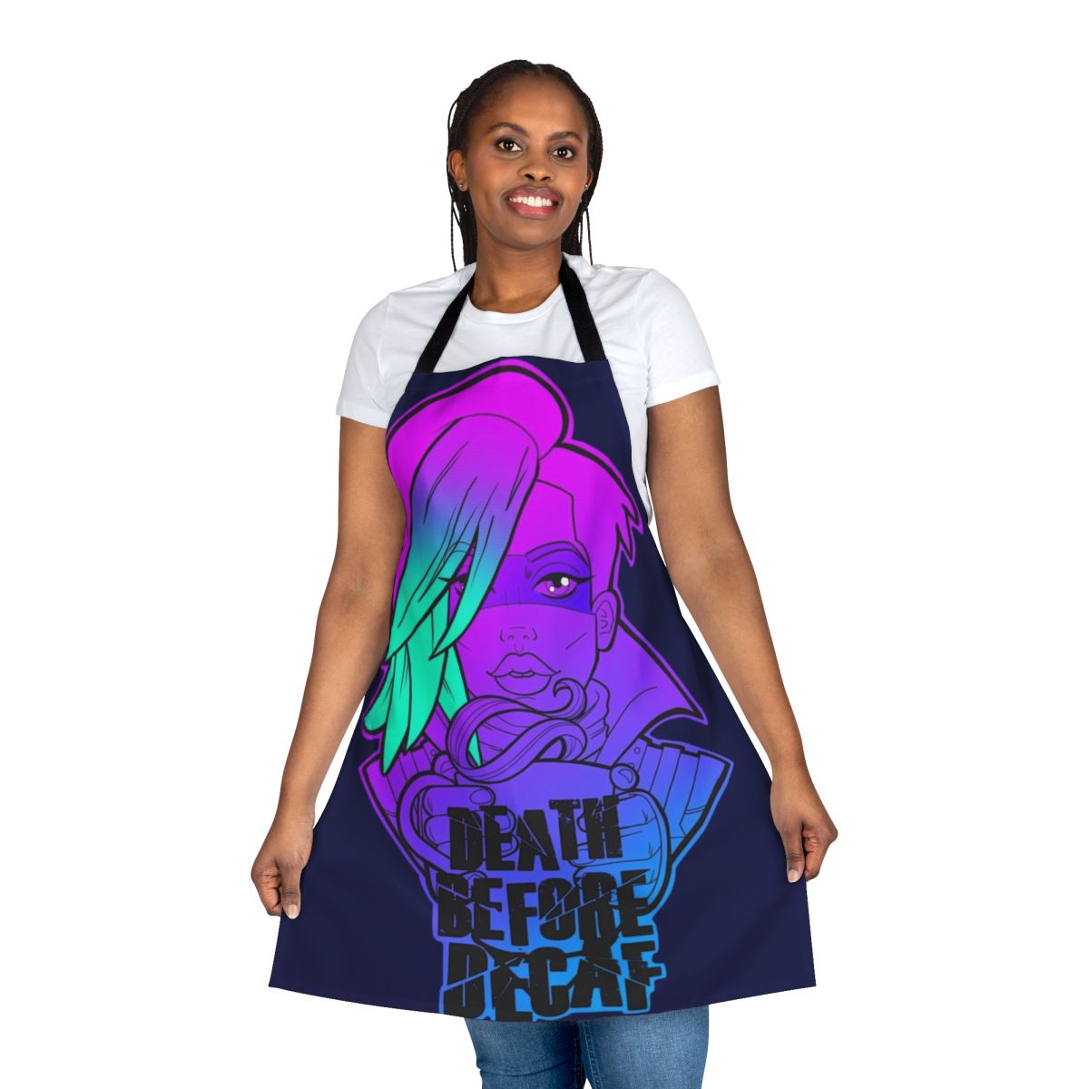 A high-quality apron featuring a Borderlands-themed design with the character Lorelei and coffee-related imagery.